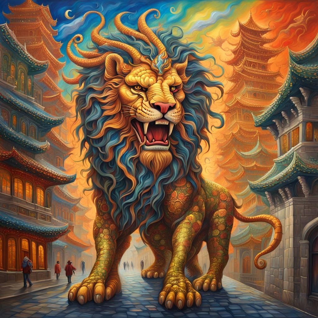 Dragon-Lion Hybrid Roaming Harmonious City: Acrylic Painting