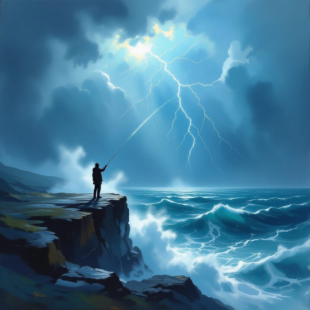 Angler on Craggy Cliff Overlooking Turbulent Sea