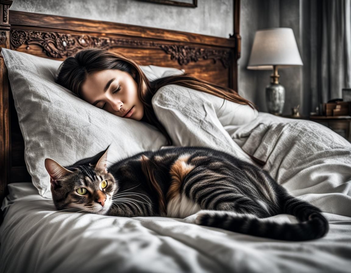 Girl and Cat Sleeping: Hyperrealistic 64 Megapixel Image