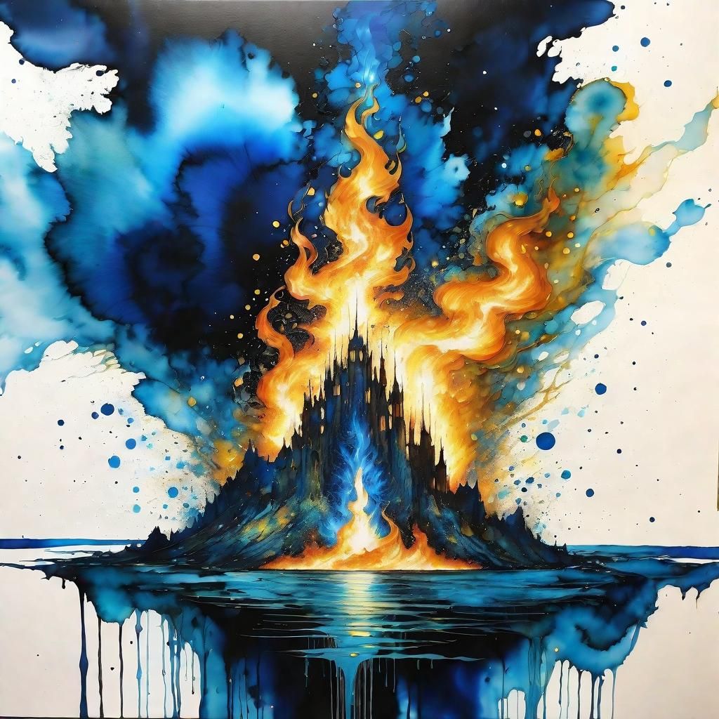 Gigantic Blue Flame Emerges from Water, Alcohol Ink Style