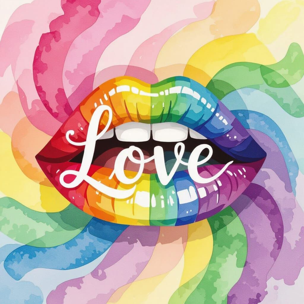Rainbow Lips with 'Love' in Watercolor Painting