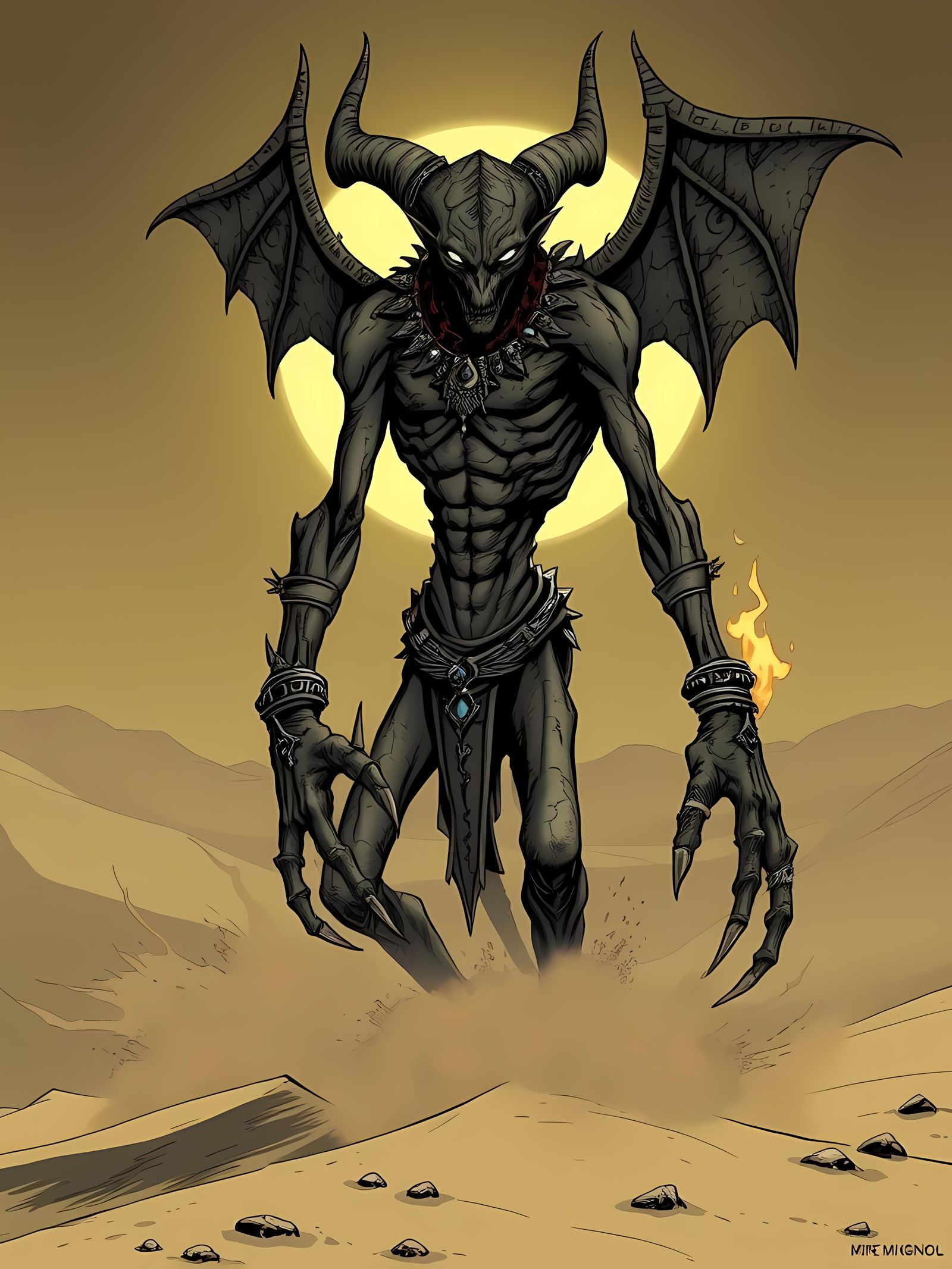 Desert Demon Wielding Fire in Comic Book Style