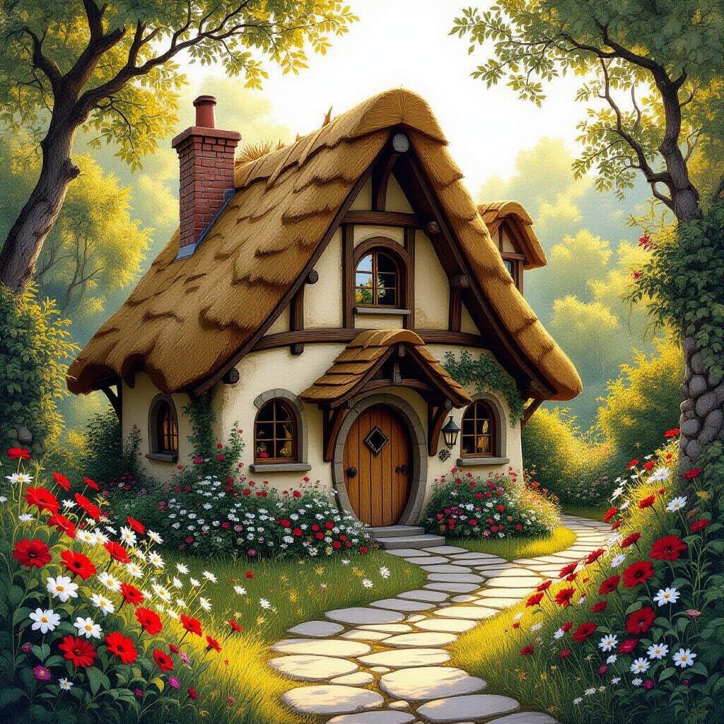 Charming Cottage in Forest as Fantasy Art