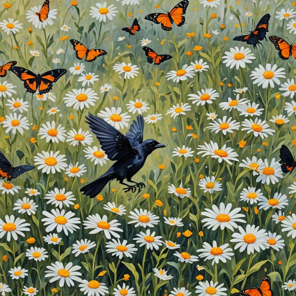 Crow and Butterfly in Impressionist Gouache Style
