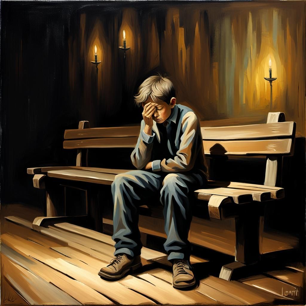 Grief-Stricken Boy: Melancholic Oil Portrait