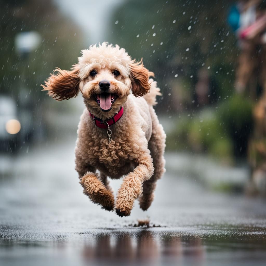 Happy Poodle Running in the Rain: Photography