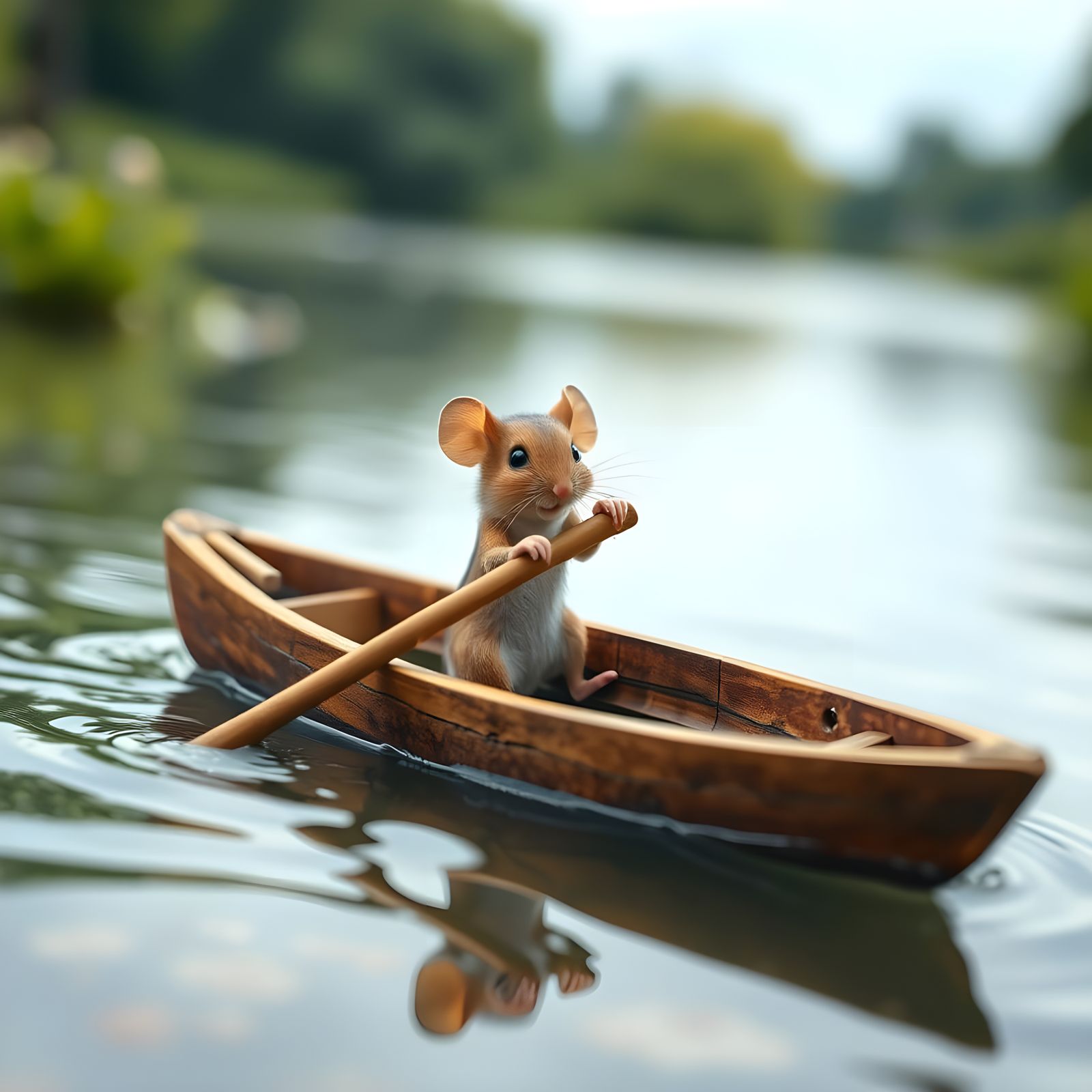 Whimsical Mouse Rowing a Miniature Boat Across Tranquil Wate...
