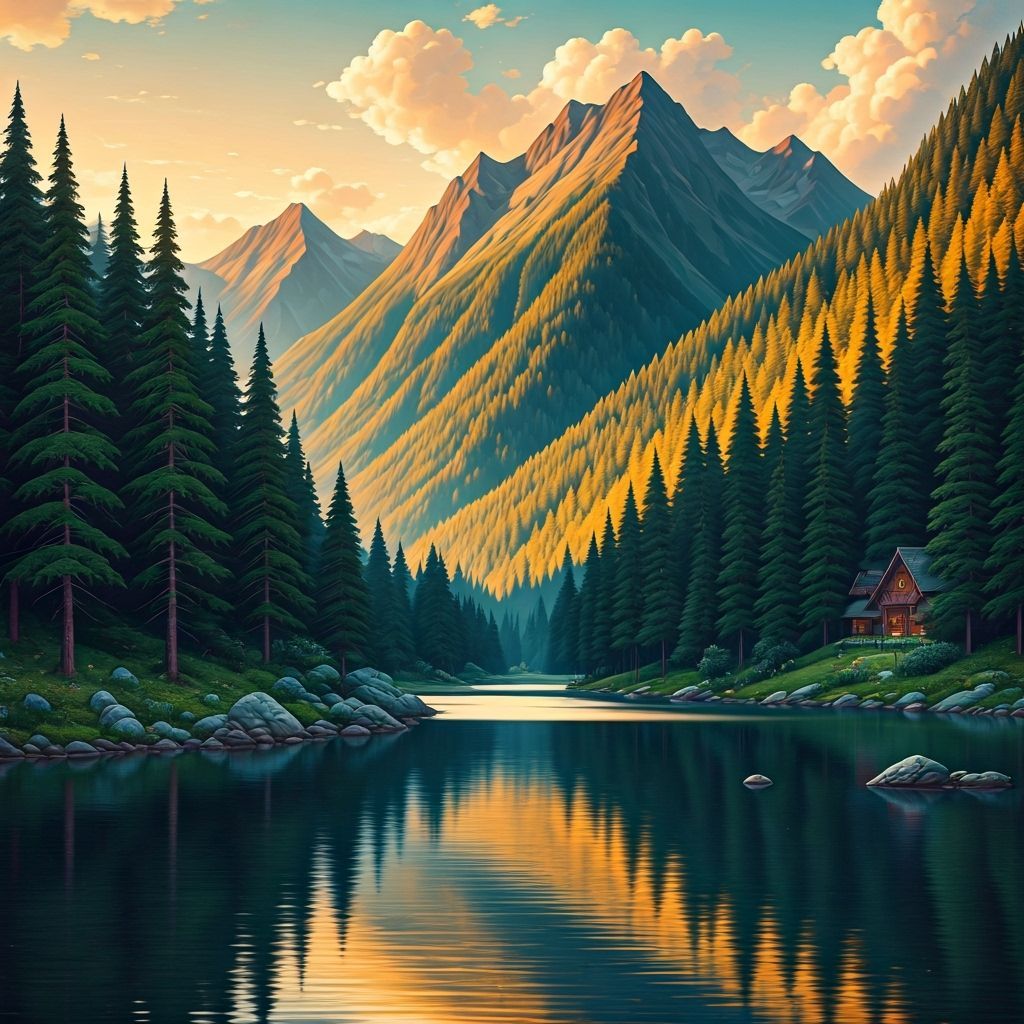 Sunset Over Mountain Lake: Colorful Digital Art