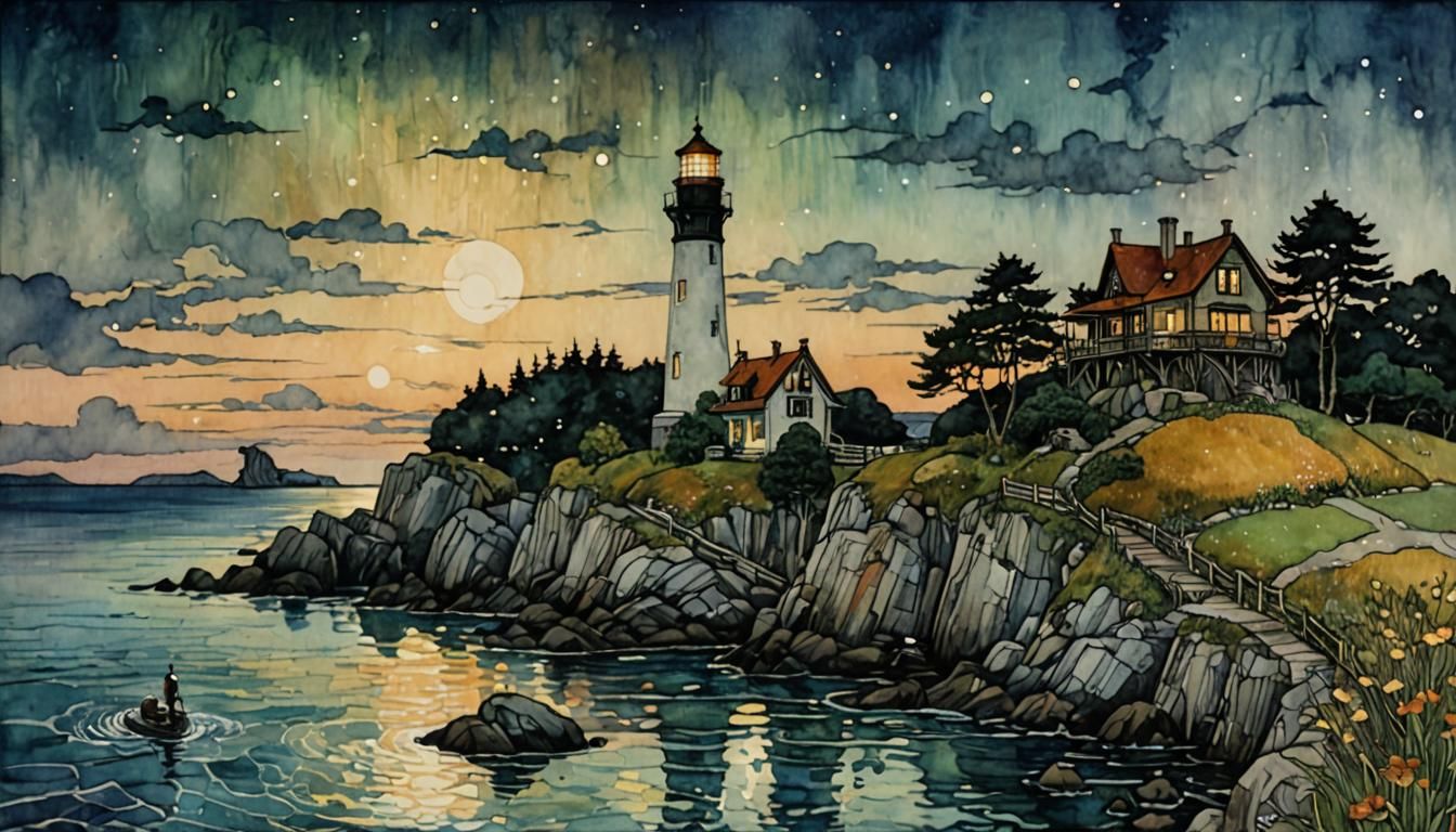 Iridescent Lighthouse at Night in Art Nouveau Style