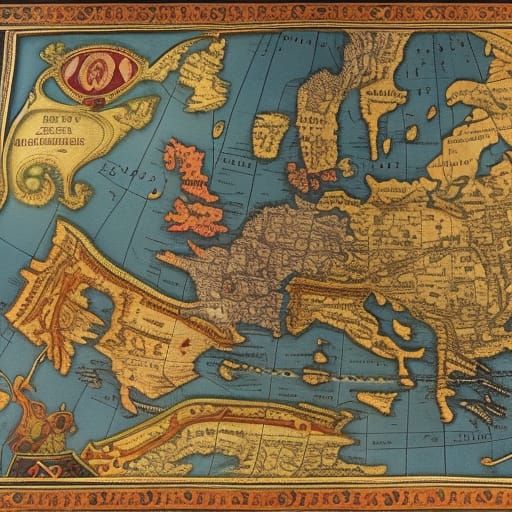 Detailed Middle Ages Map of Europe with Sea Monsters