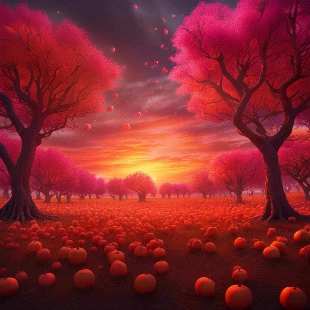 Glowing Orchard Sunset: Detailed Matte Painting