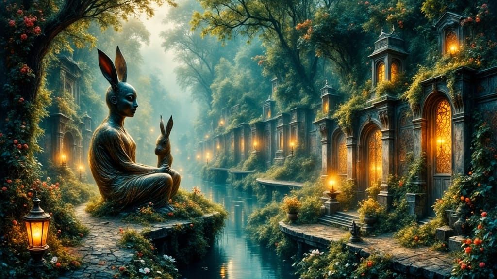 Ethereal Twilight Garden with Brocade Animals