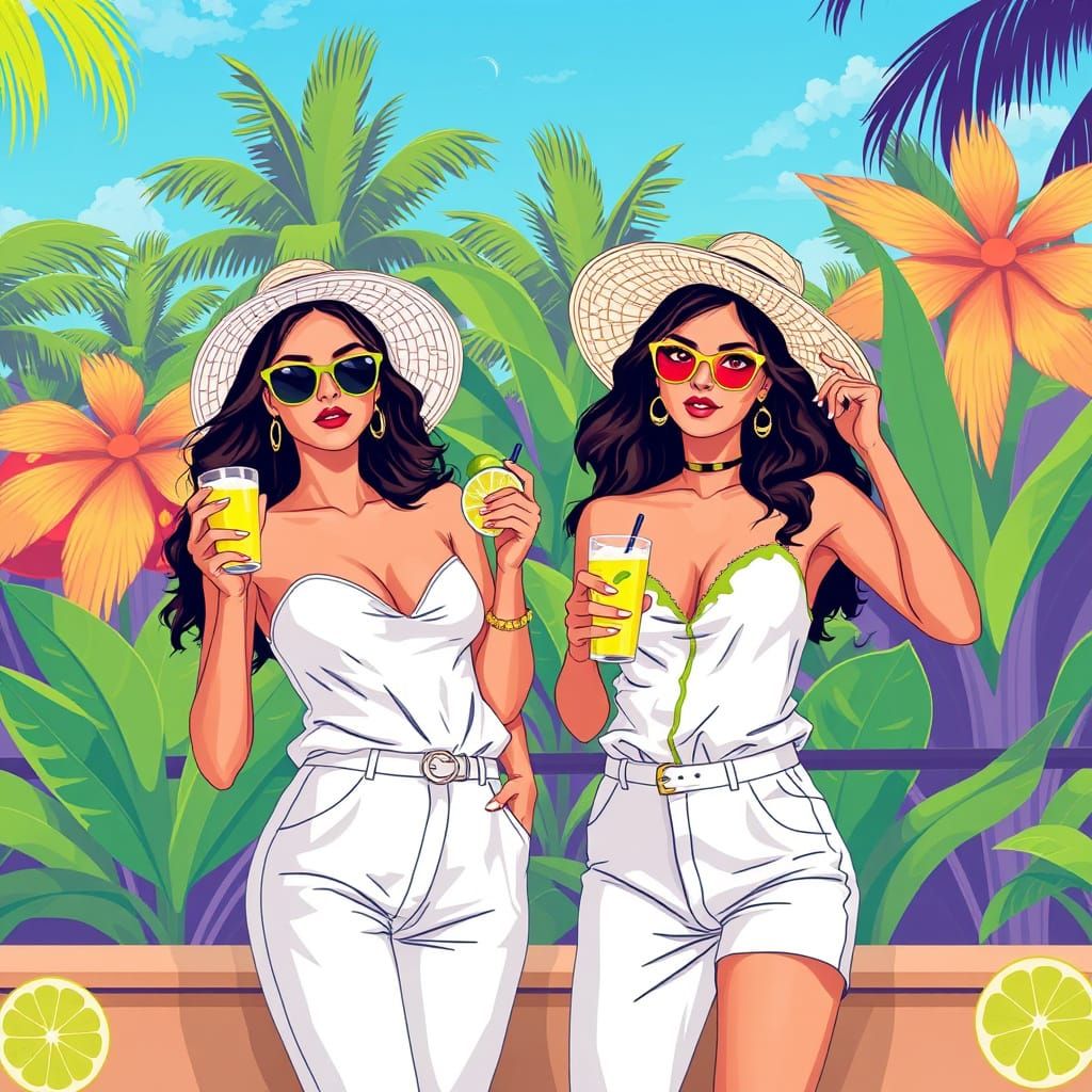 Women in Tropical Getaway with Lime Drinks