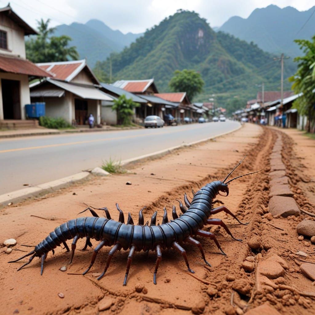 Giant centipede attacks a town in Laos