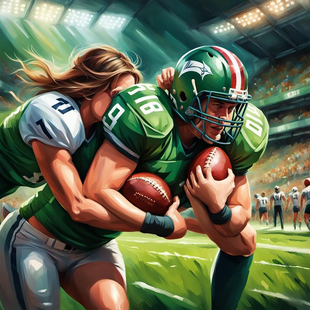 Female Lineman's Triumphant Sack: Hyper-Realistic Digital Ar...