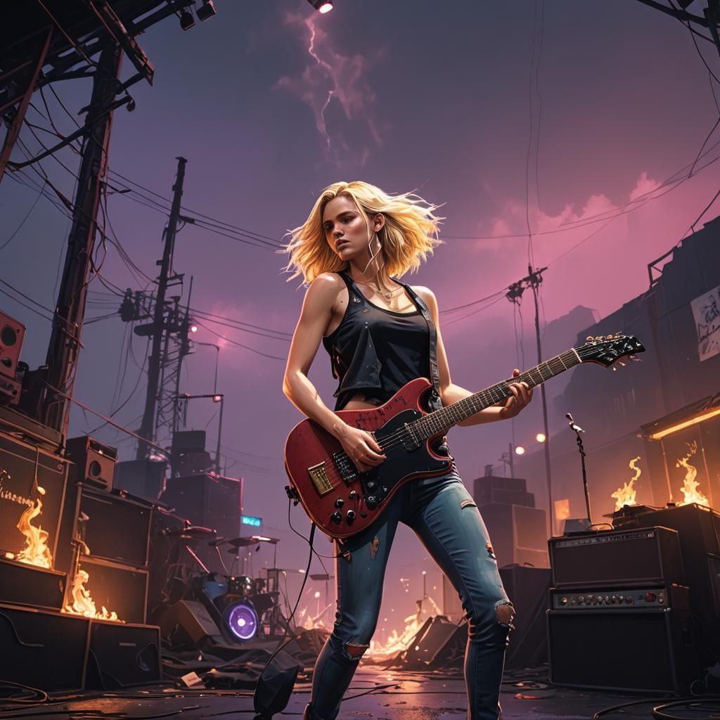 Mystical Stage: Blond Girl with Electric Guitar