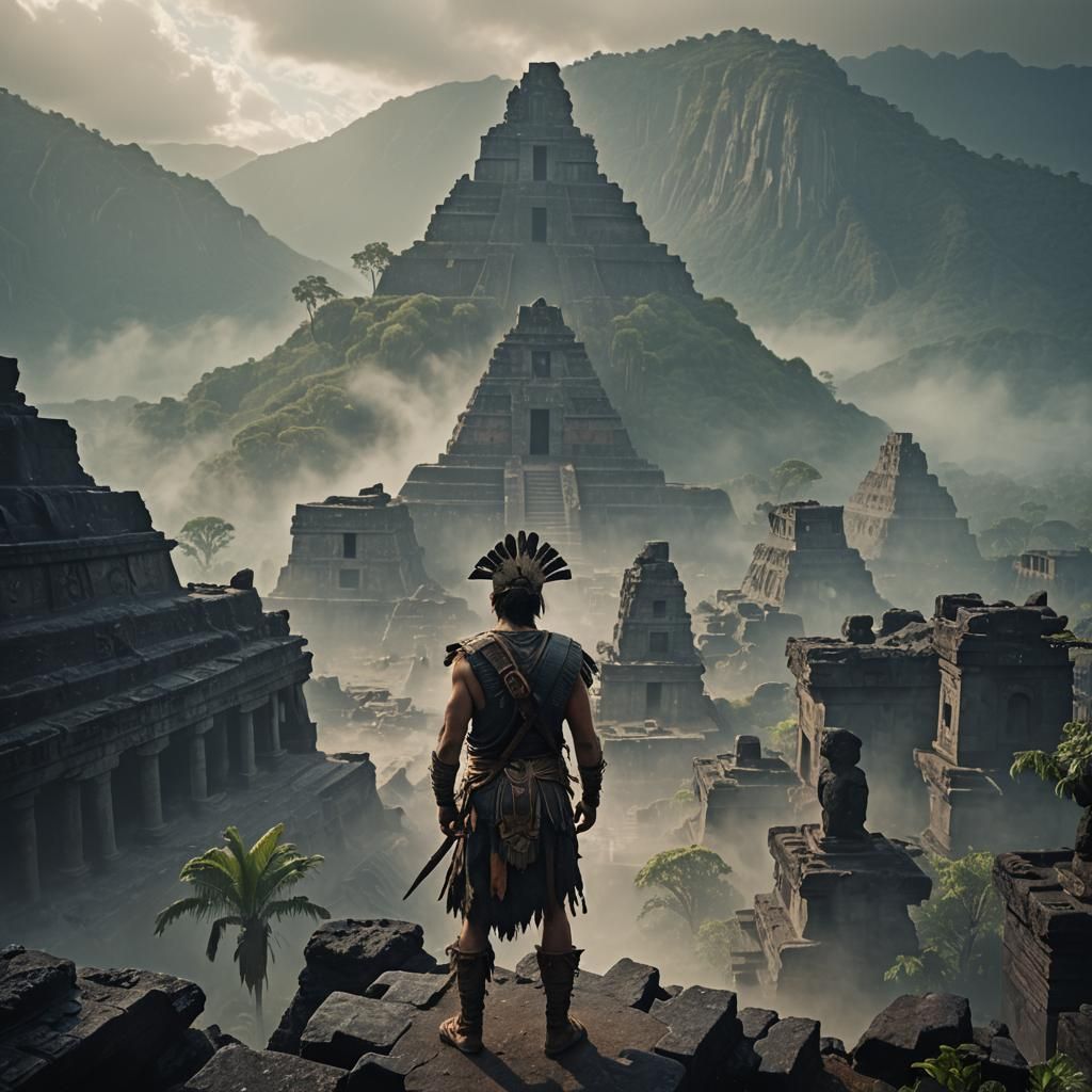 Warrior on Aztec Temple: Cinematic Film Still