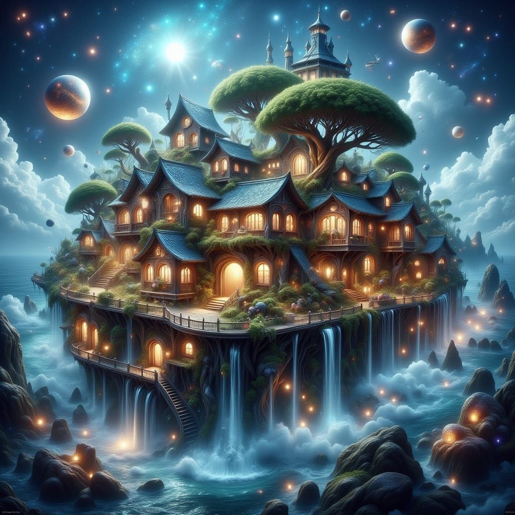 Floating Treehouse Island with Open Book and Waterfall