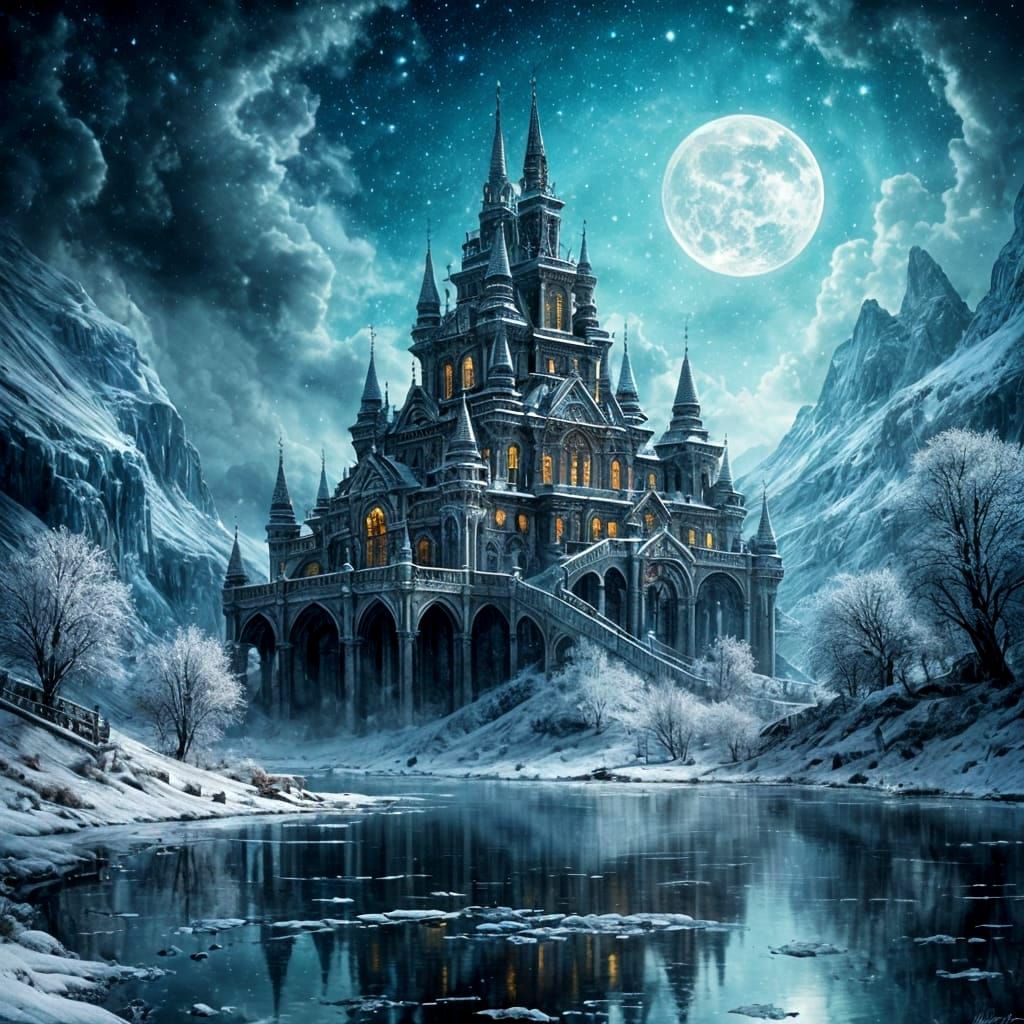 Enchanted Winter Palace with Aurora Sky in Matte Painting