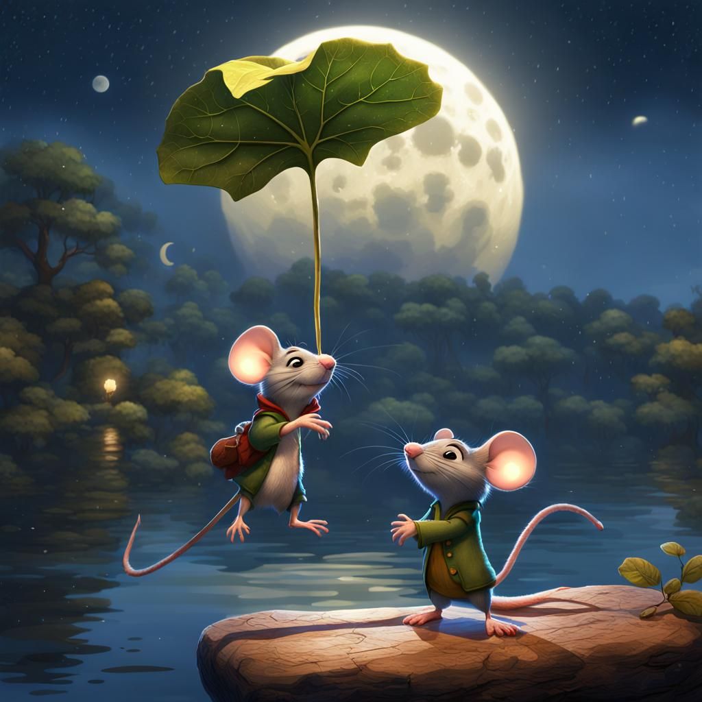 Mice Sheltered by Leaf in Rainy Landscape