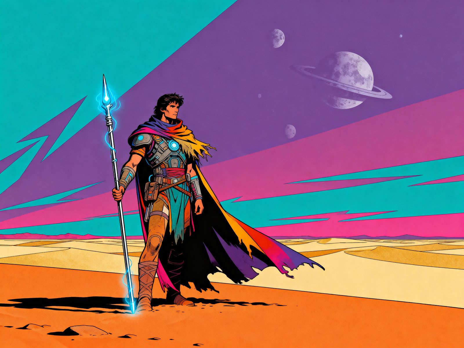 Rugged Hero Adventurer in Surreal Desert Landscape