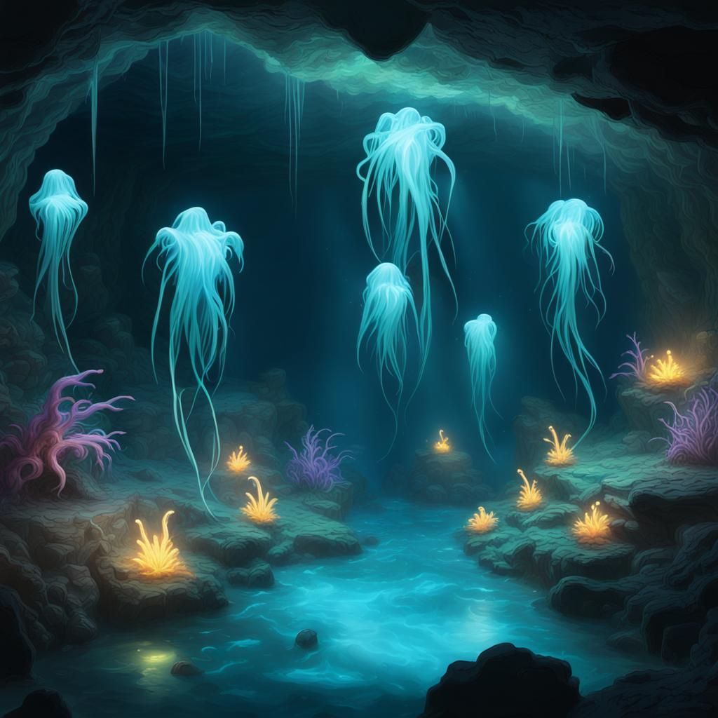 Glowing Will-o-the-Wisps Sprites in Underwater Cave
