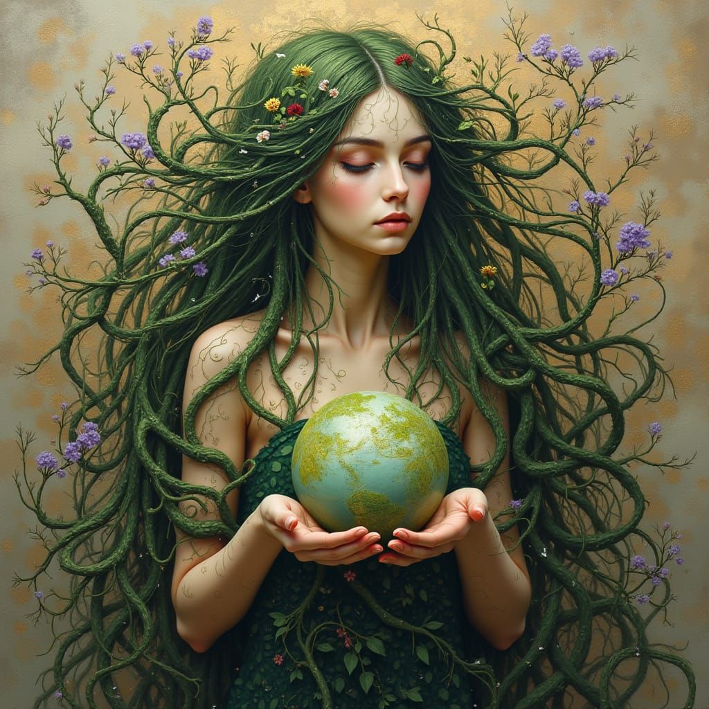 Surreal Goddess Embracing the Earth in Vibrant Greens and Ea...