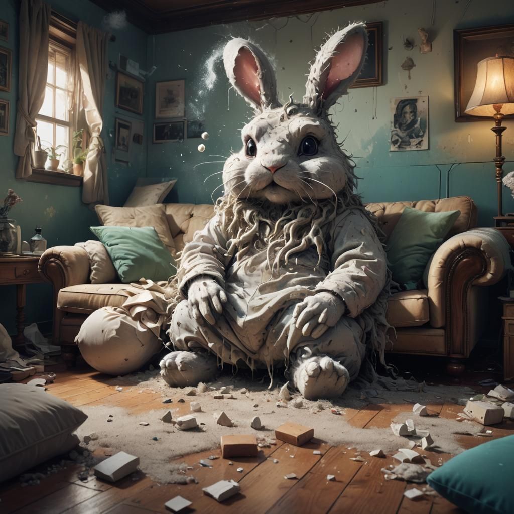 Anthropomorphic Dust Bunny on Sofa in Digital Art