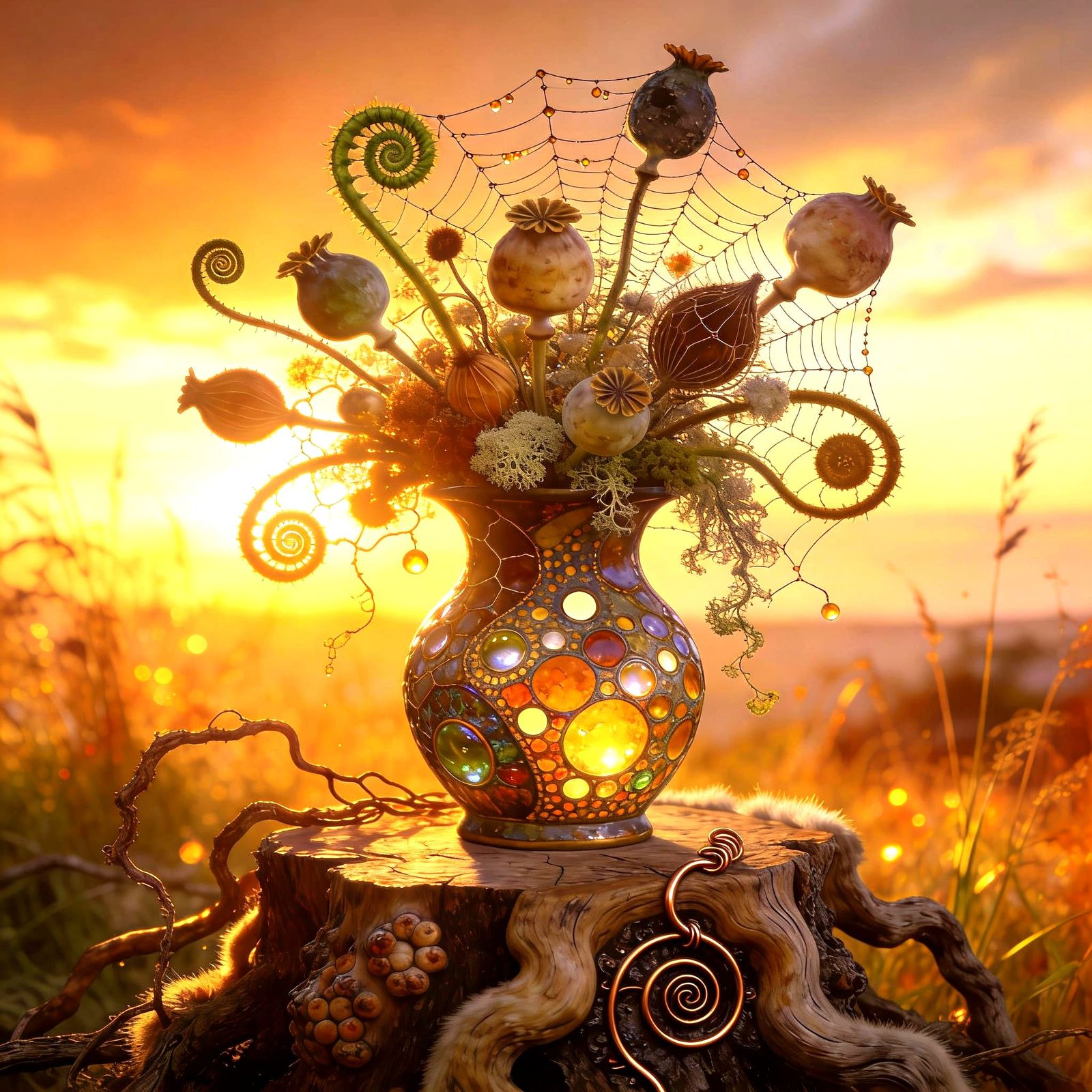 Intricate Filigree Seed Pod Bouquet in Amber Vase