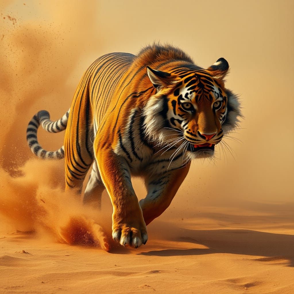Tiger Runs Through Desert Sandstorm in Photorealistic Style