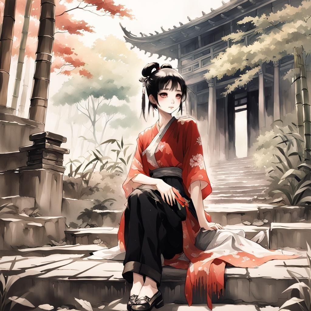 Anime Girl Meditating in Chinese Jungle Temple