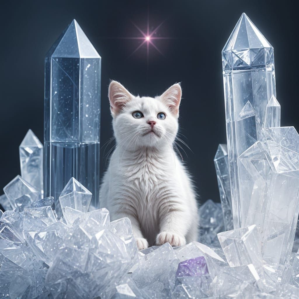Whimsical Crystals with a Playful White Feline Companion