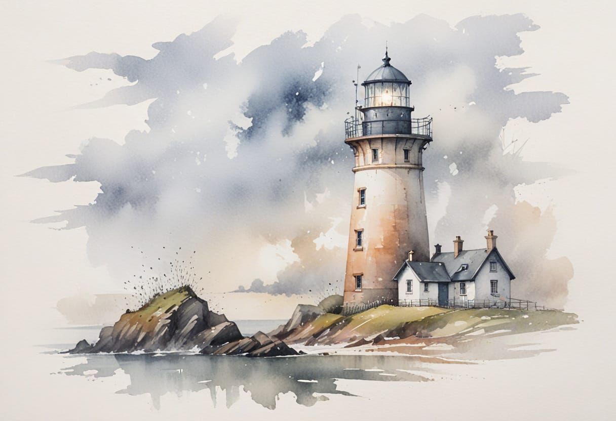 Misty Coastal Lighthouse in Watercolour Wash
