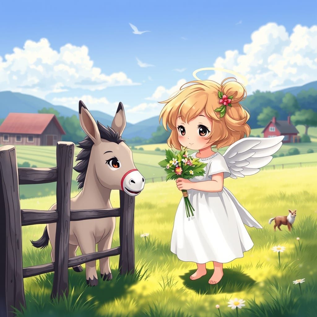 Cute Angel Offers Flowers to Donkey in Countryside