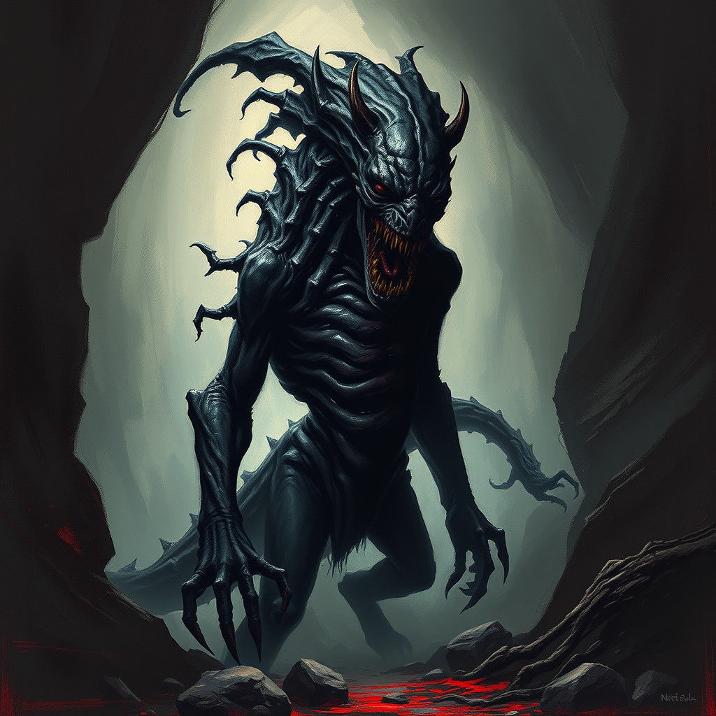 Grotesque Creature Emerges from Shadows in Dark Fantasy Art