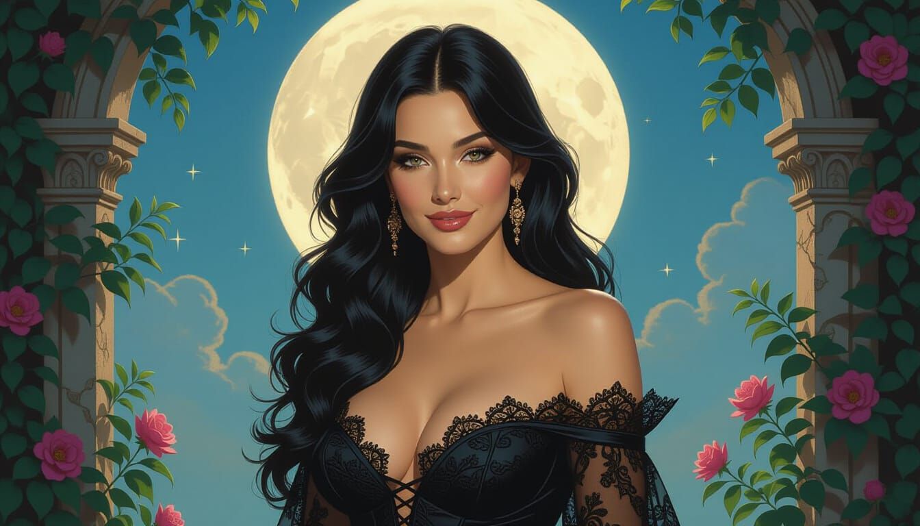 Ethereal Greek Woman in Moonlit Garden as Fantasy Art