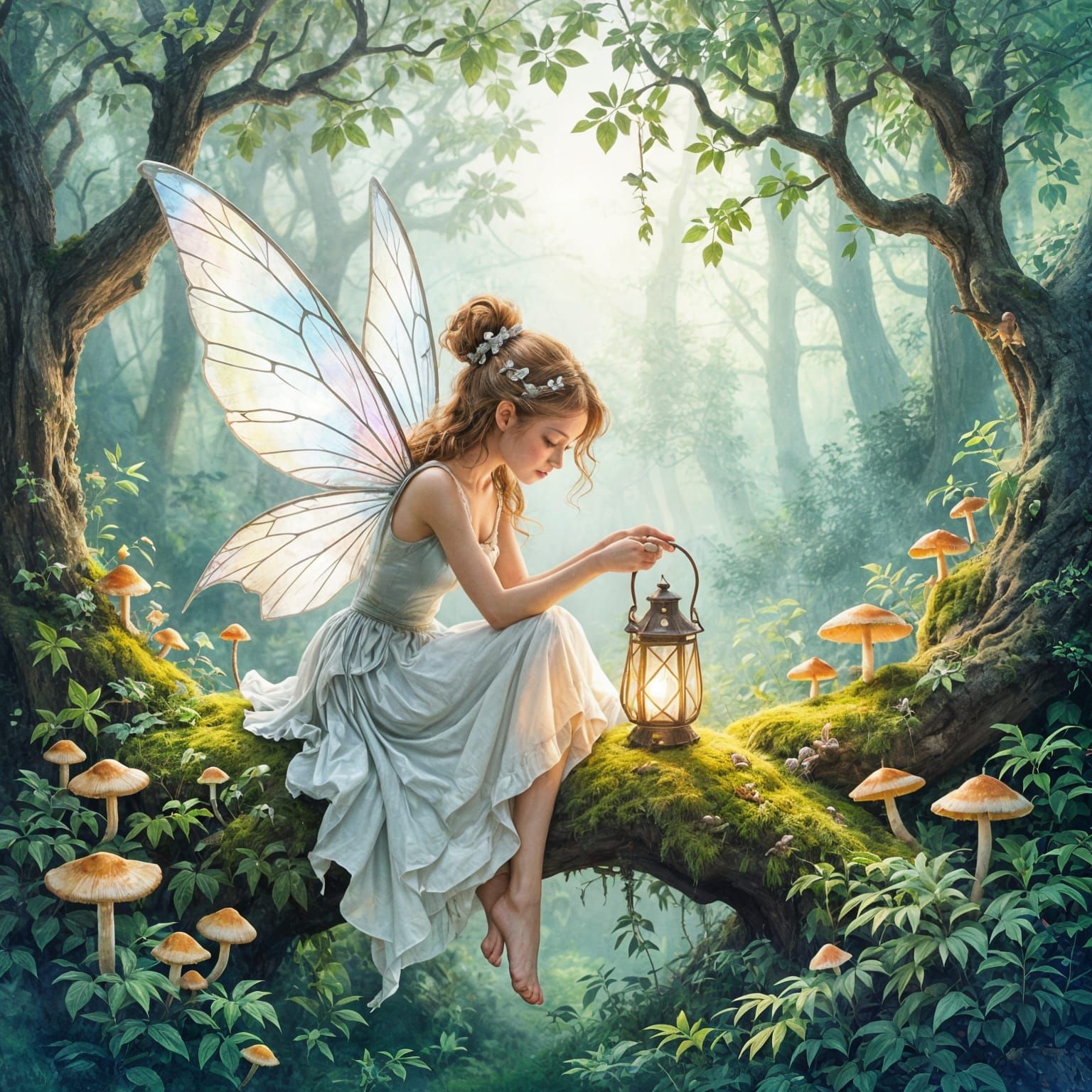 Enchanted Fairy Tending Lantern in Watercolor Style