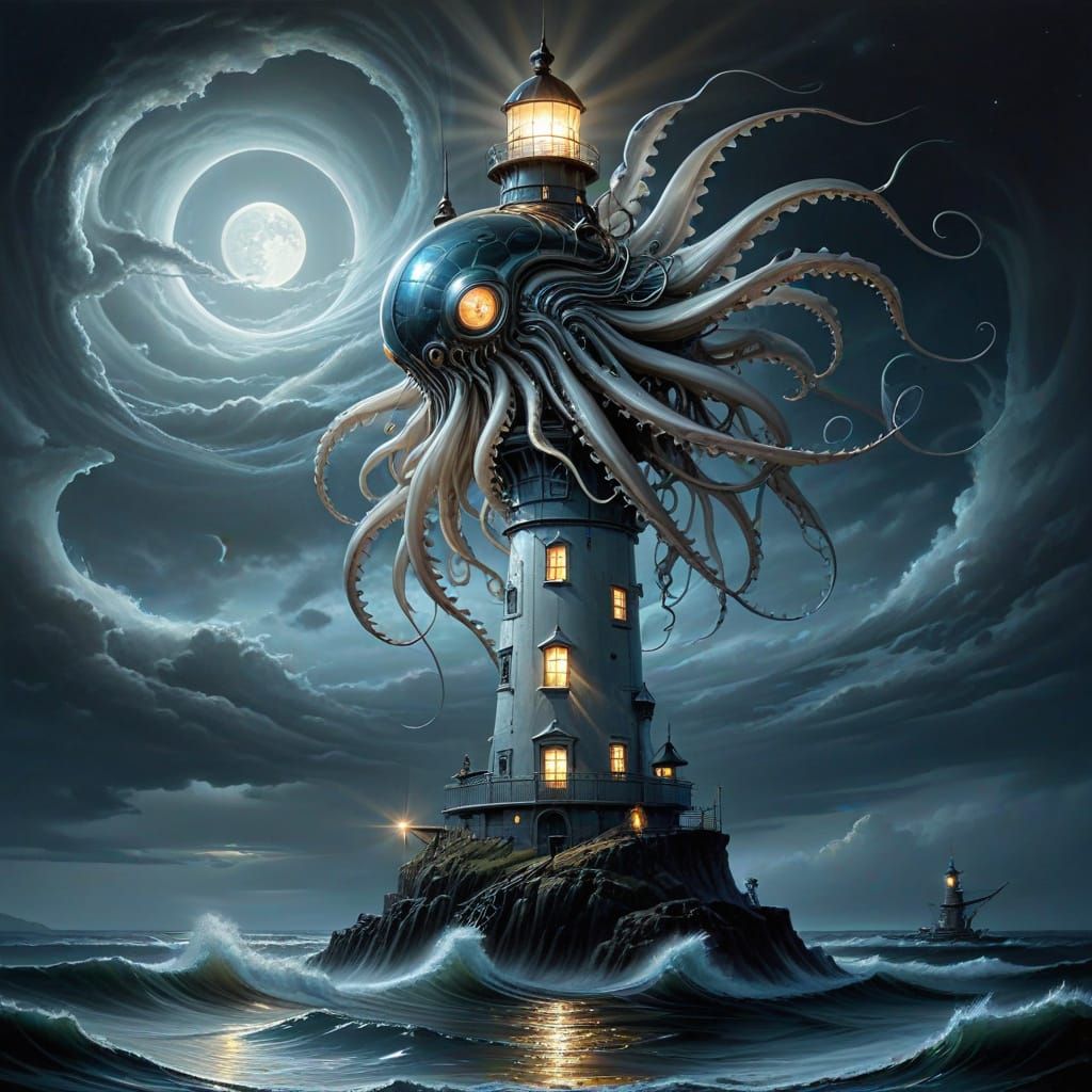 lighthouse shaped like a colossal biomechanical squid