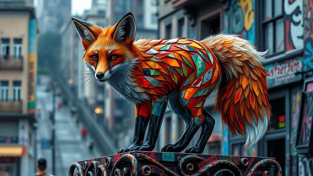 Sophisticated Glass Fox on Ornate Iron Stage in Urban Town