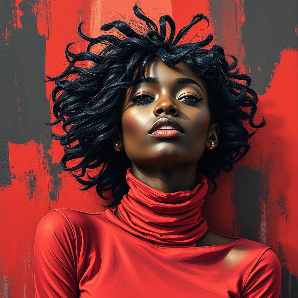 Surrealist Woman Admires Abstract Artwork