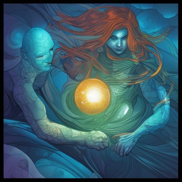 Glowing Orb with Watercolor Souls in Glass Box