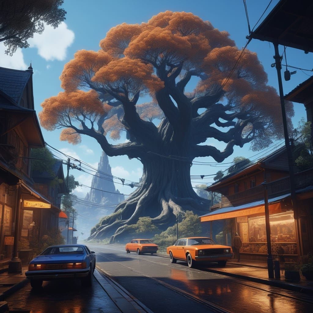 Ethereal Nighttime Landscape with Ancient Tree