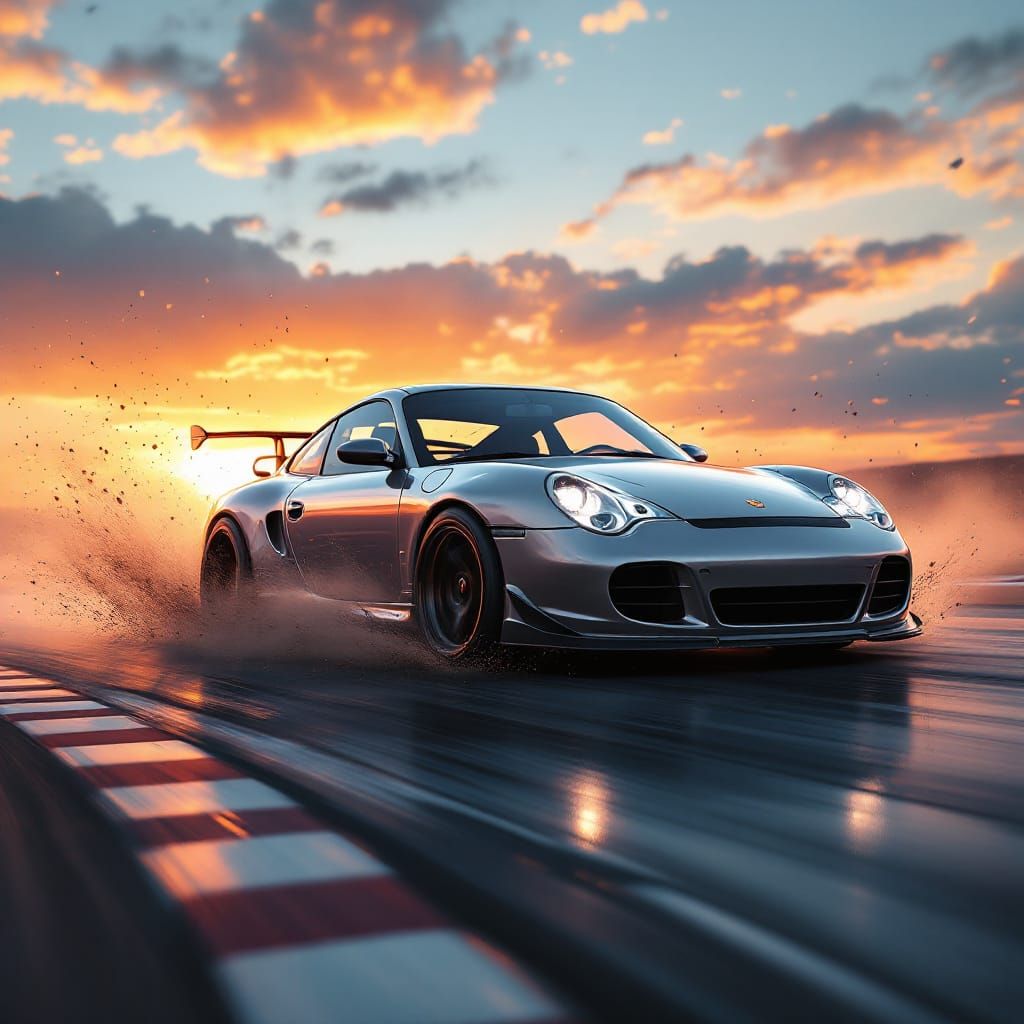 Silver Porsche 996 Races into Sunset