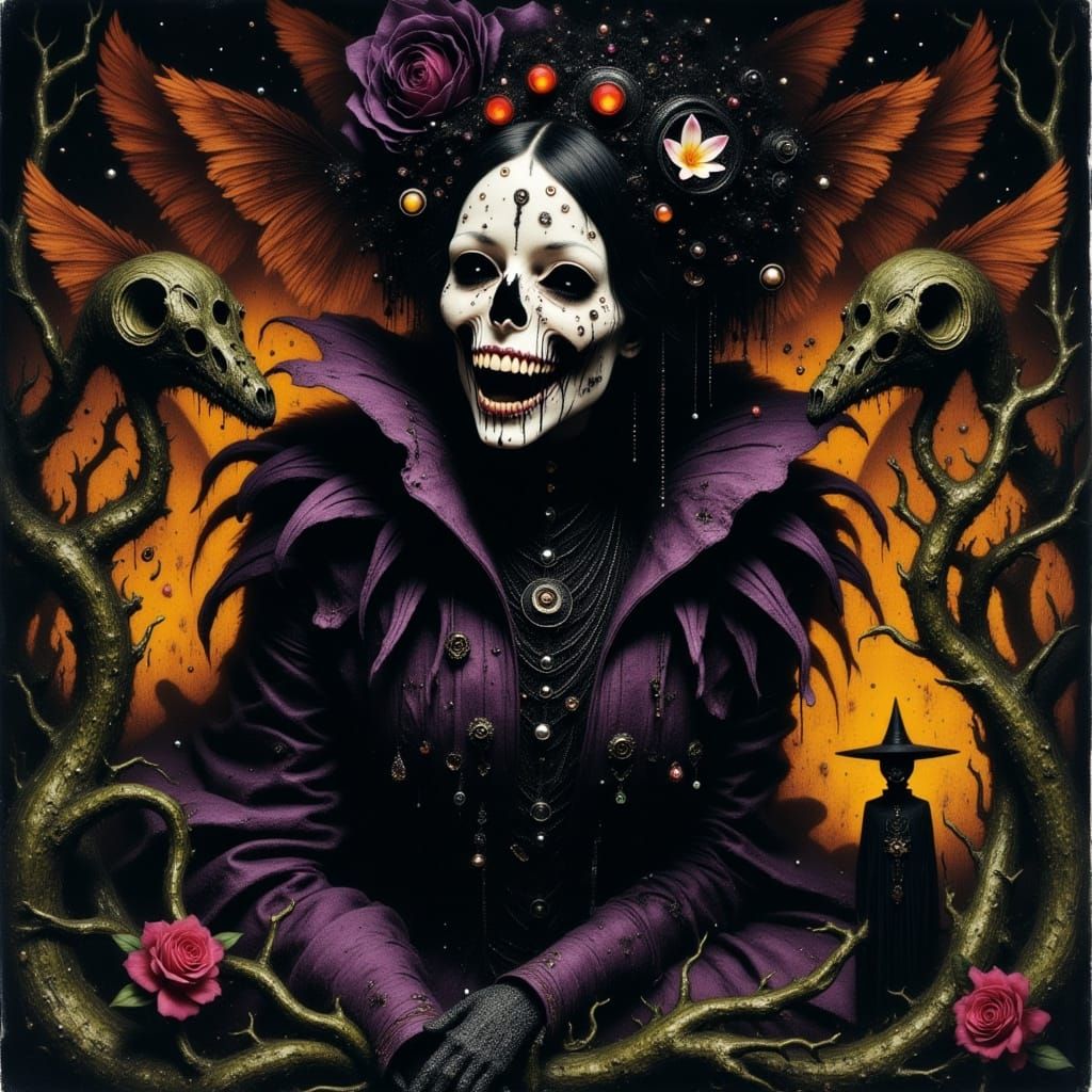 Dark Fantasy Figure in Elegant, Ornate Attire, Amidst a Myst...