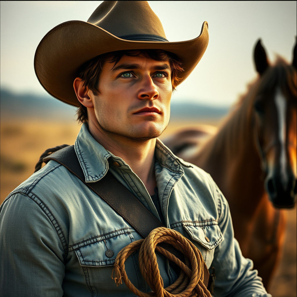 Weathered Cowboy Gazing Upward in Golden Light