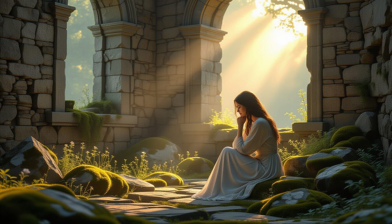 Contemplative Woman Amidst Ancient Ruins