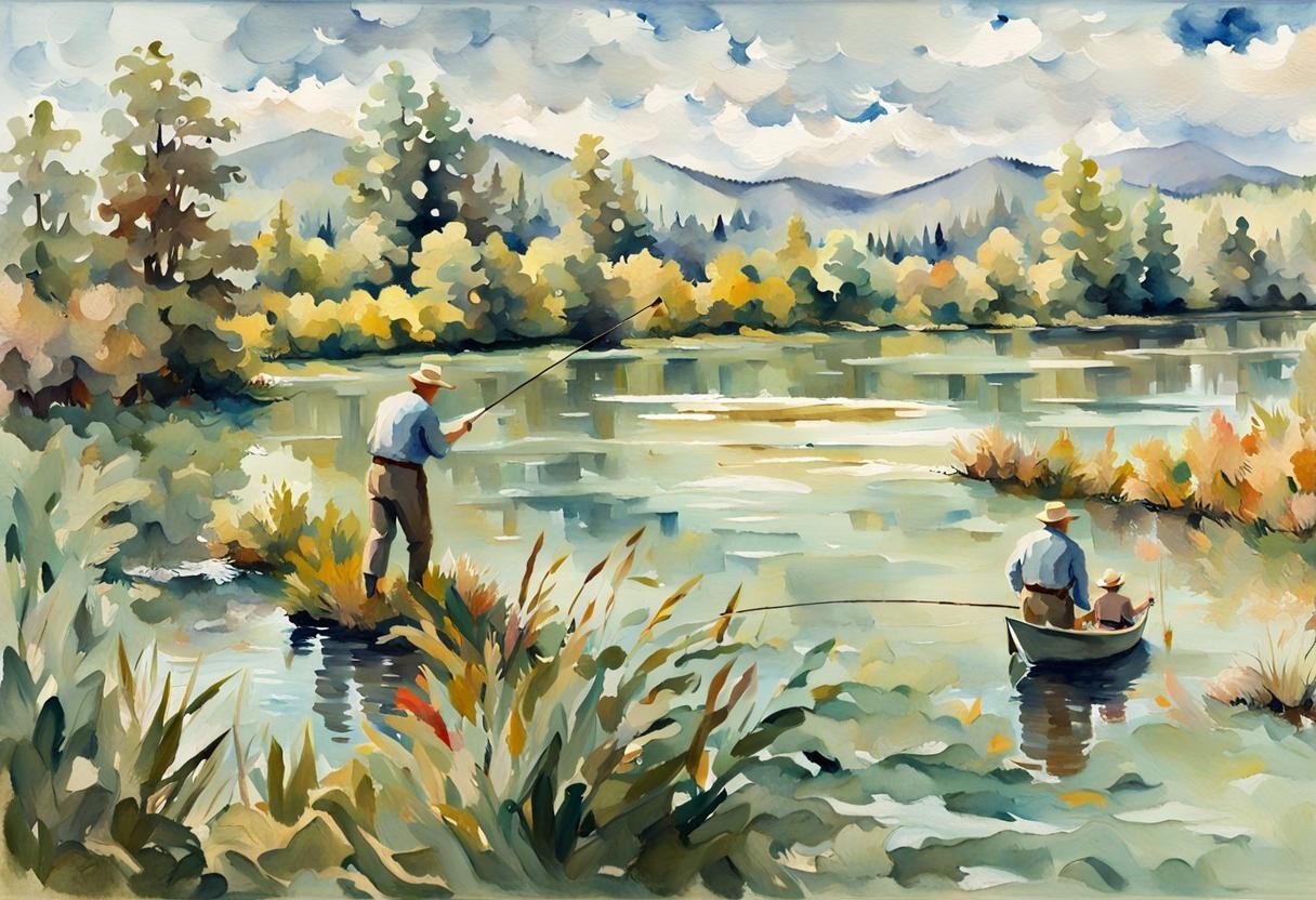 Grandfather and Grandson Fishing in Gouache Style
