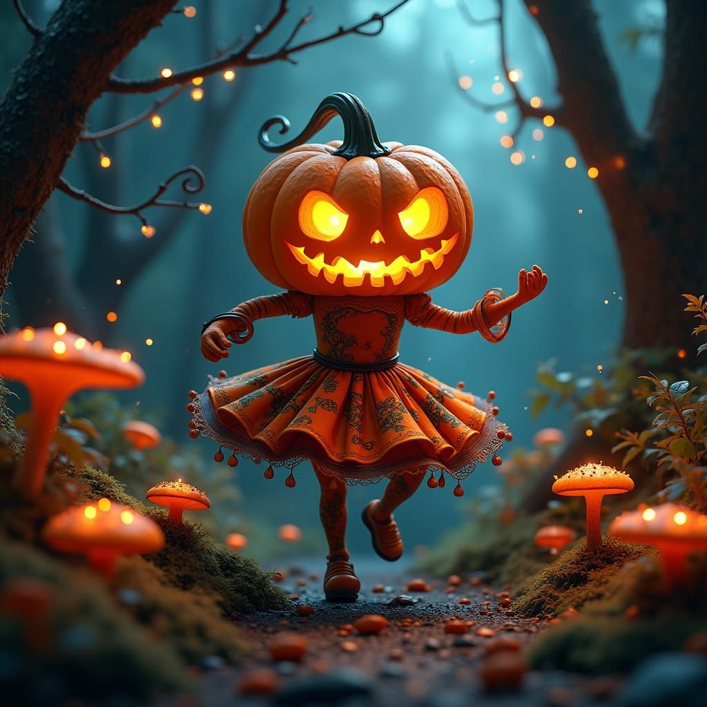 Dancing Pumpkin in Whimsical Forest, Matte Painting