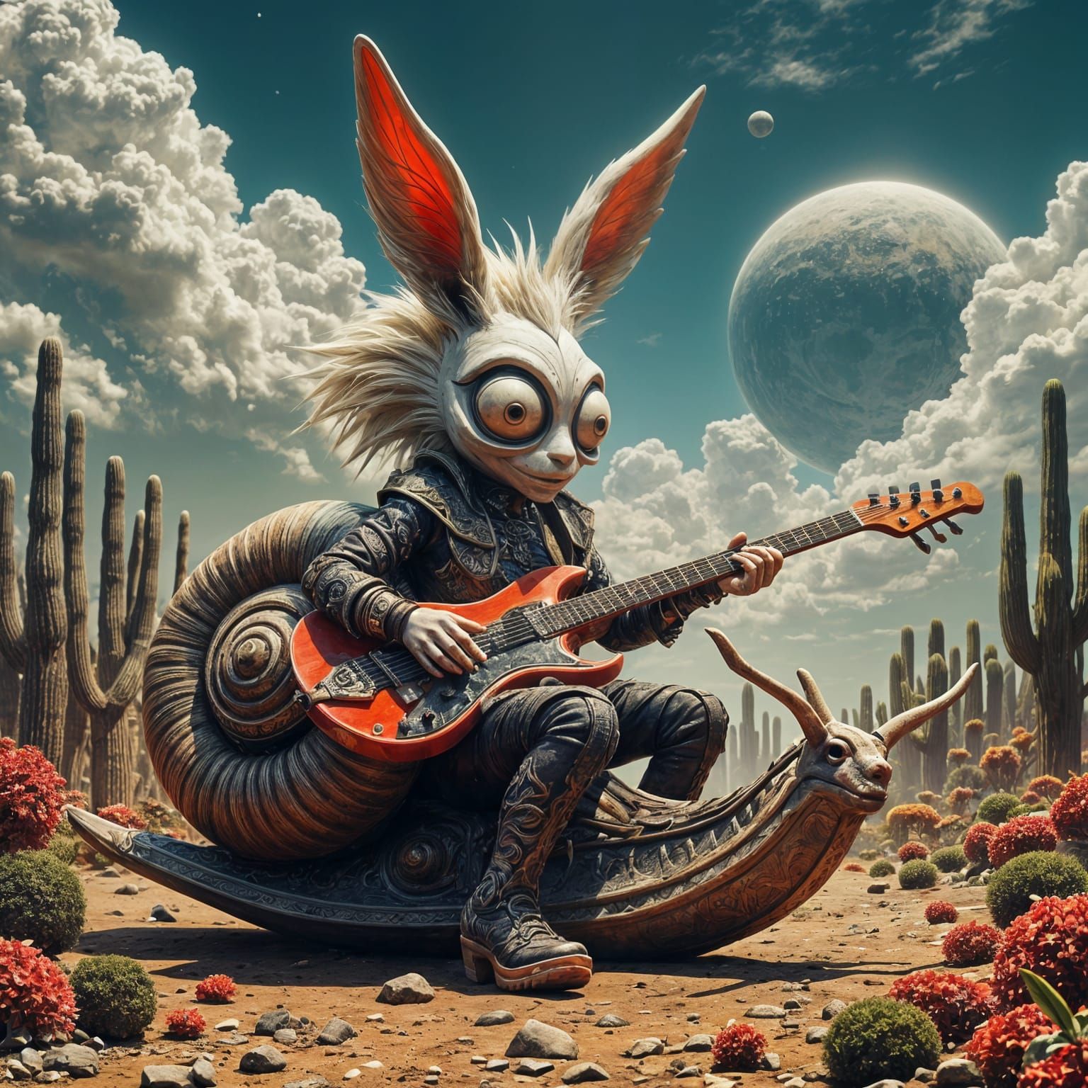White Punk Rabbit with Electric Guitar, Bokeh Effect