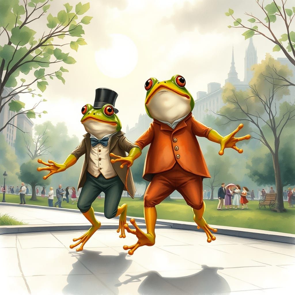 Frogs in Victorian Attire Jumping Rope in Park